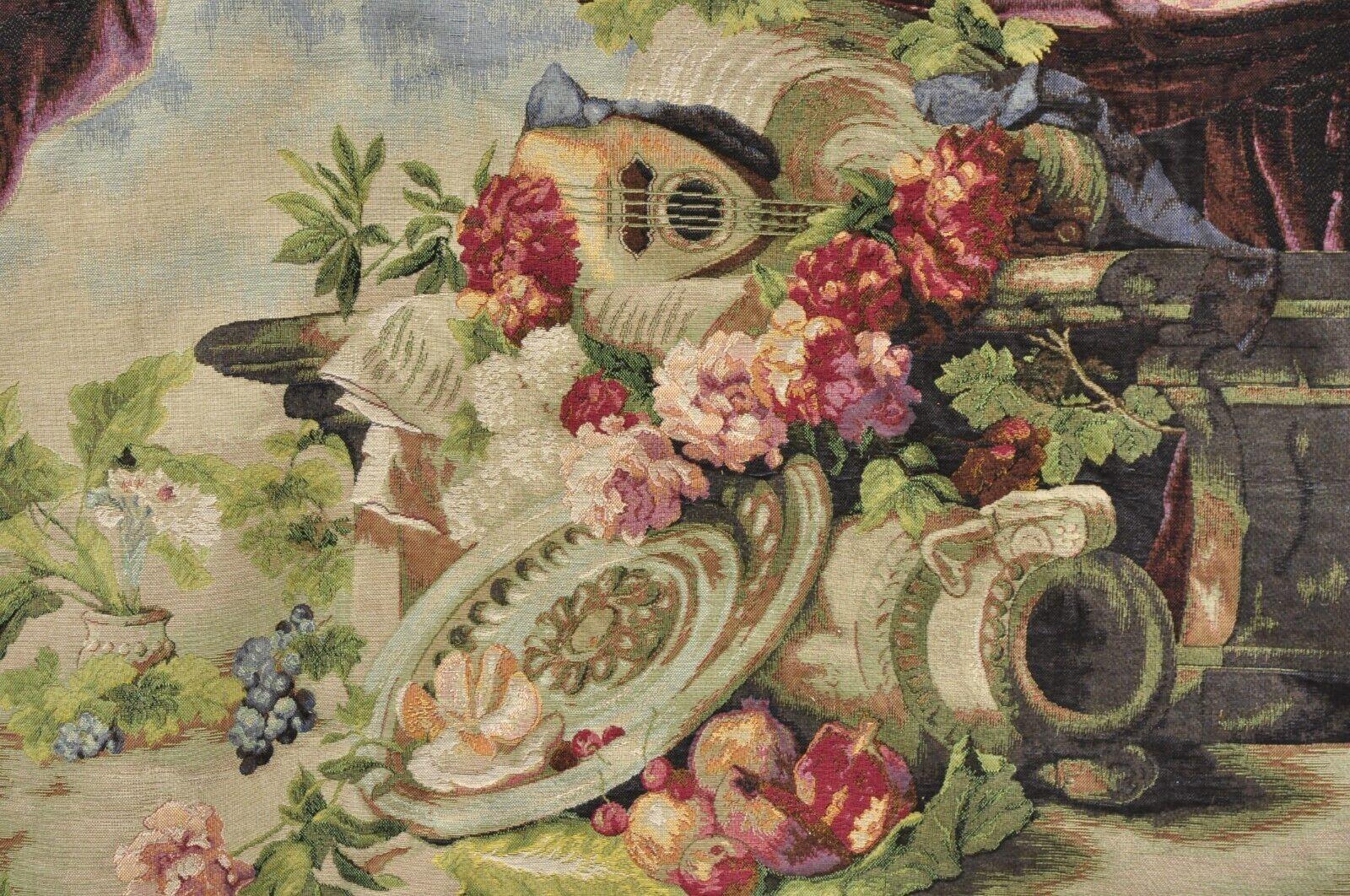 Jacquard Woven French Wall Tapestry Still Life Flowers & Mandolin by J&D In Good Condition For Sale In Philadelphia, PA