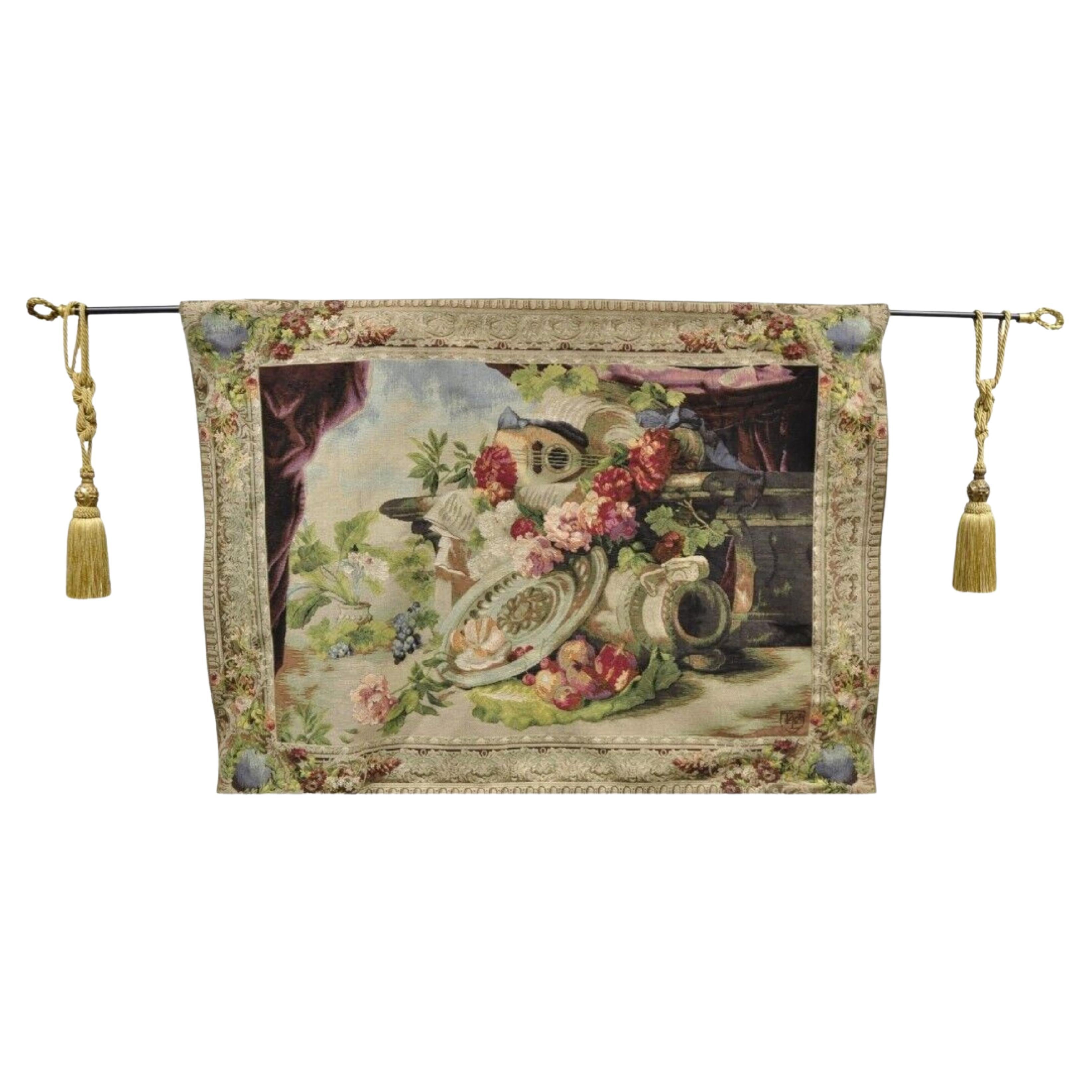 Jacquard Woven French Wall Tapestry Still Life Flowers & Mandolin by J&D For Sale