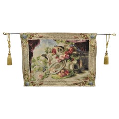 Used Jacquard Woven French Wall Tapestry Still Life Flowers & Mandolin by J&D