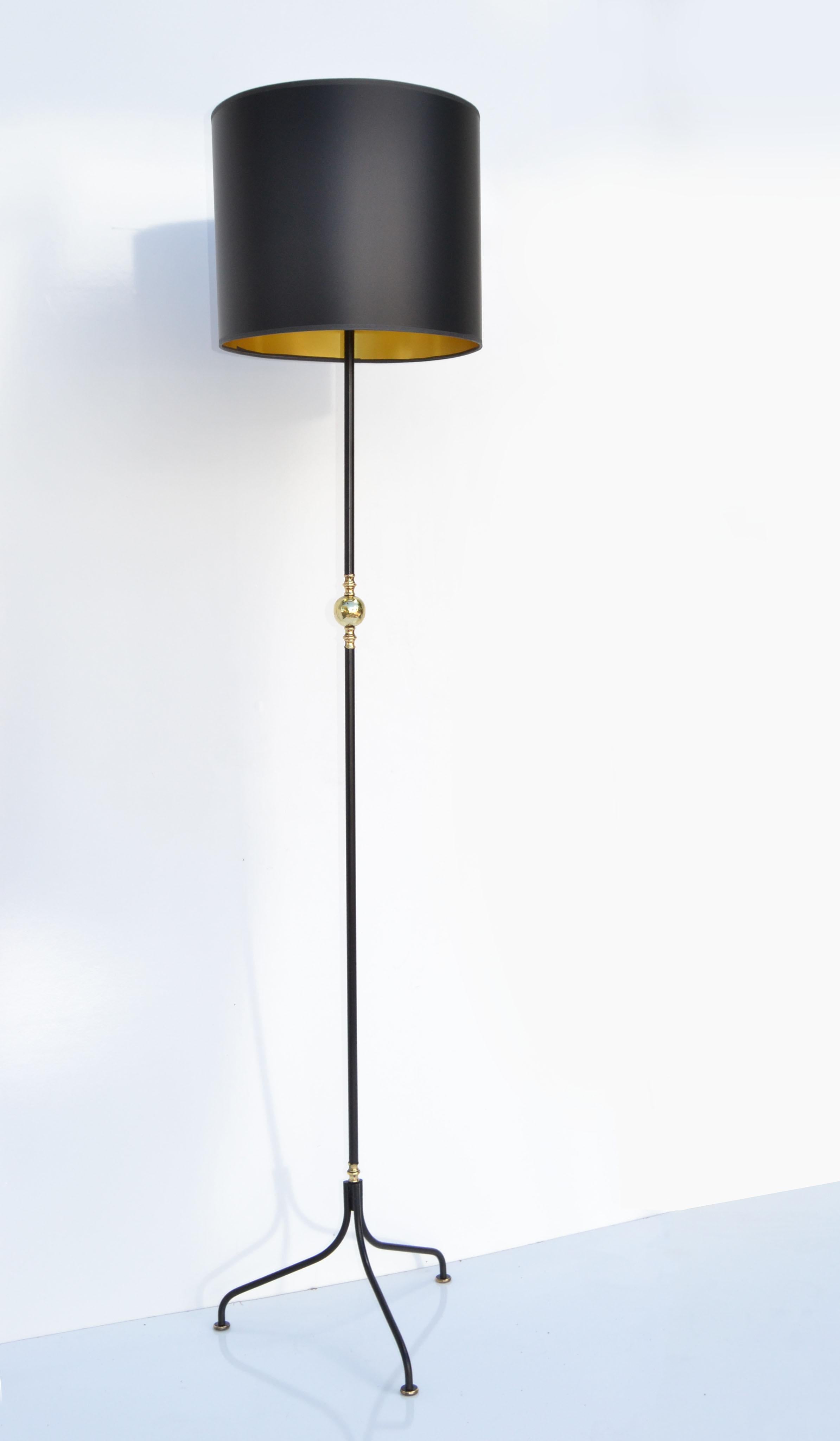 French Jacque Adnet Style Brass &  Black Iron Floor Lamp France 1950 Mid-Century Modern For Sale