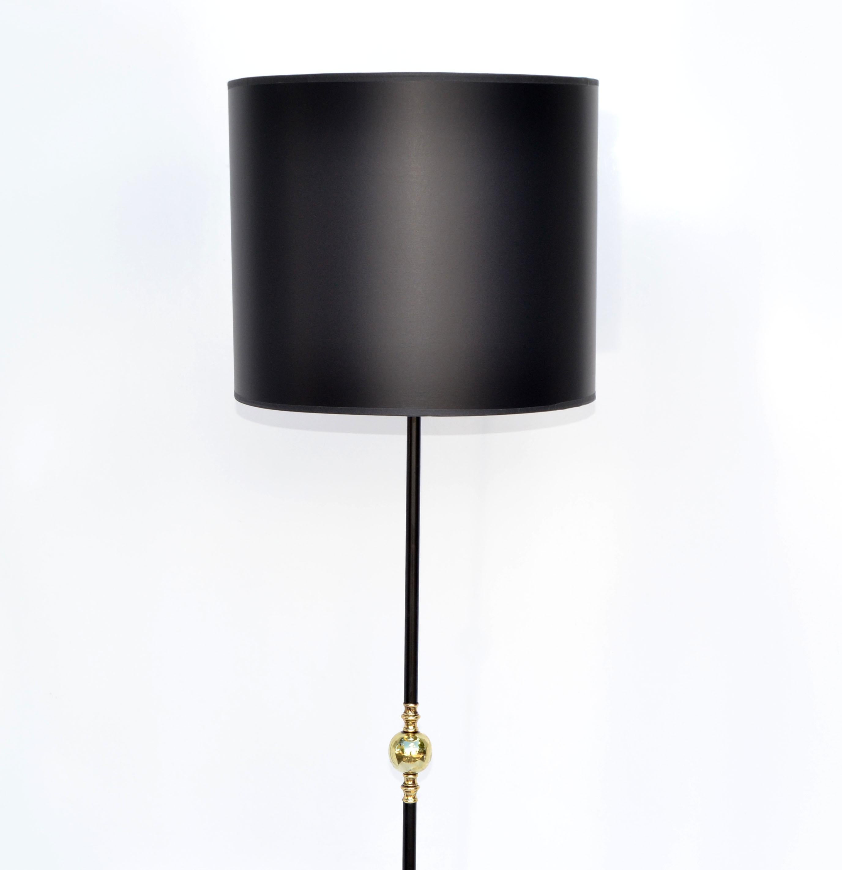 Mid-20th Century Jacque Adnet Style Brass &  Black Iron Floor Lamp France 1950 Mid-Century Modern For Sale