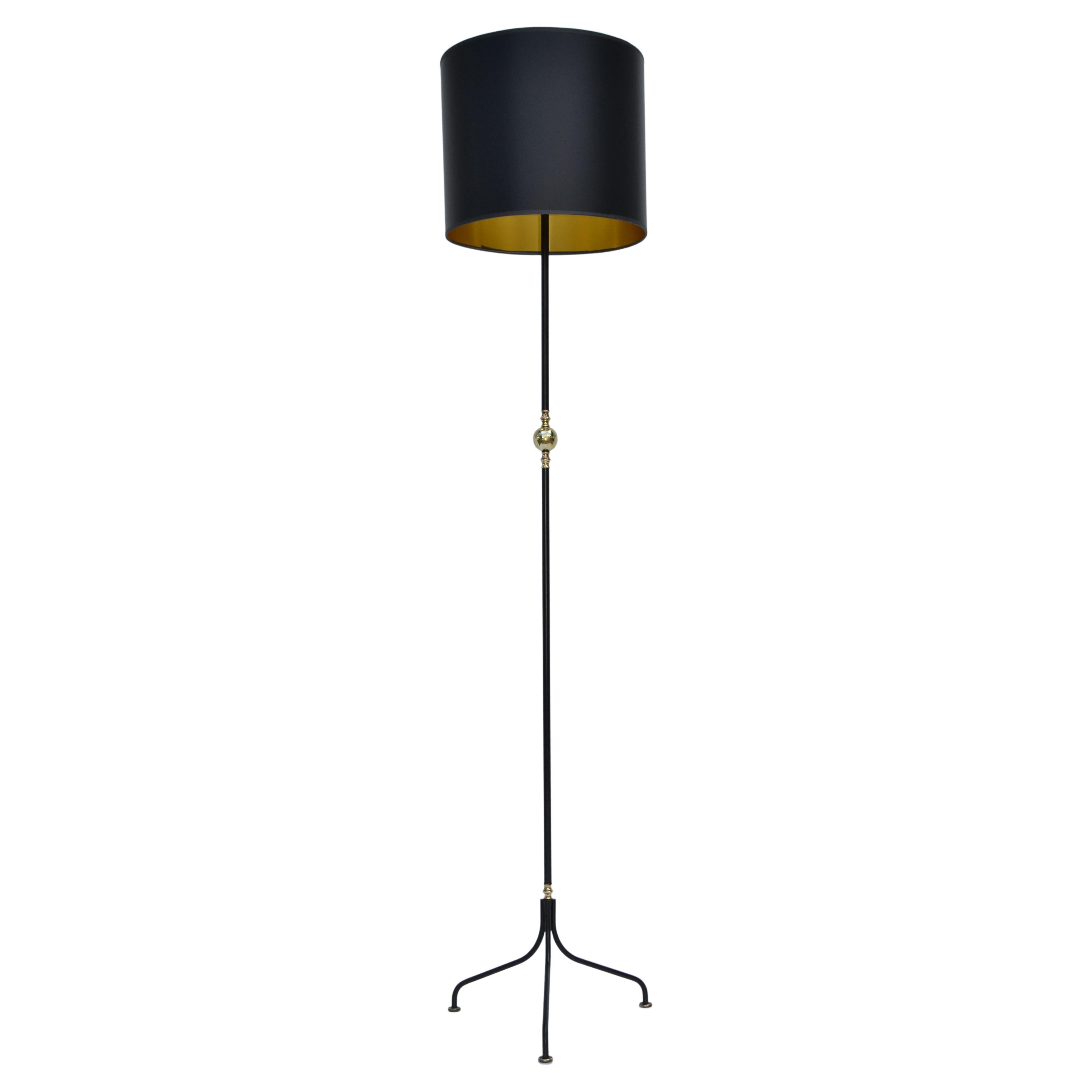 Jacque Adnet Style Brass &  Black Iron Floor Lamp France 1950 Mid-Century Modern