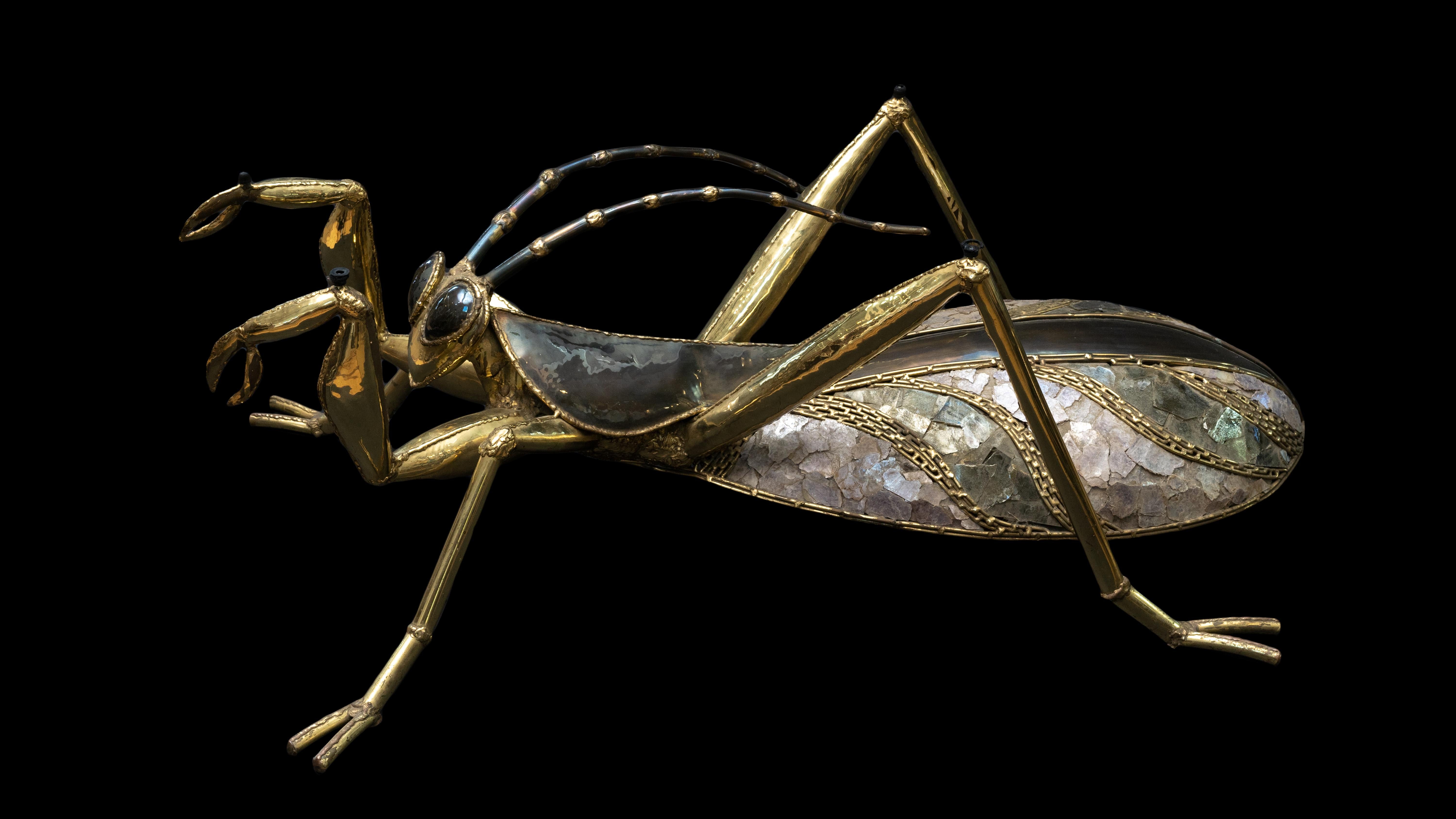 A massive coffee table in form of a Praying Mantis attributed to Jacques Duval Brasseur. The body is made of patinated brass, combination of lighter and darker mica wings and a smoky glass top. The wings are illuminated from within to give a