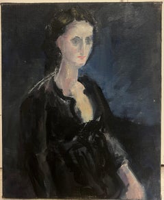 20th Cent French Modernist Oil Painting Captivating Portrait Woman Black Dress