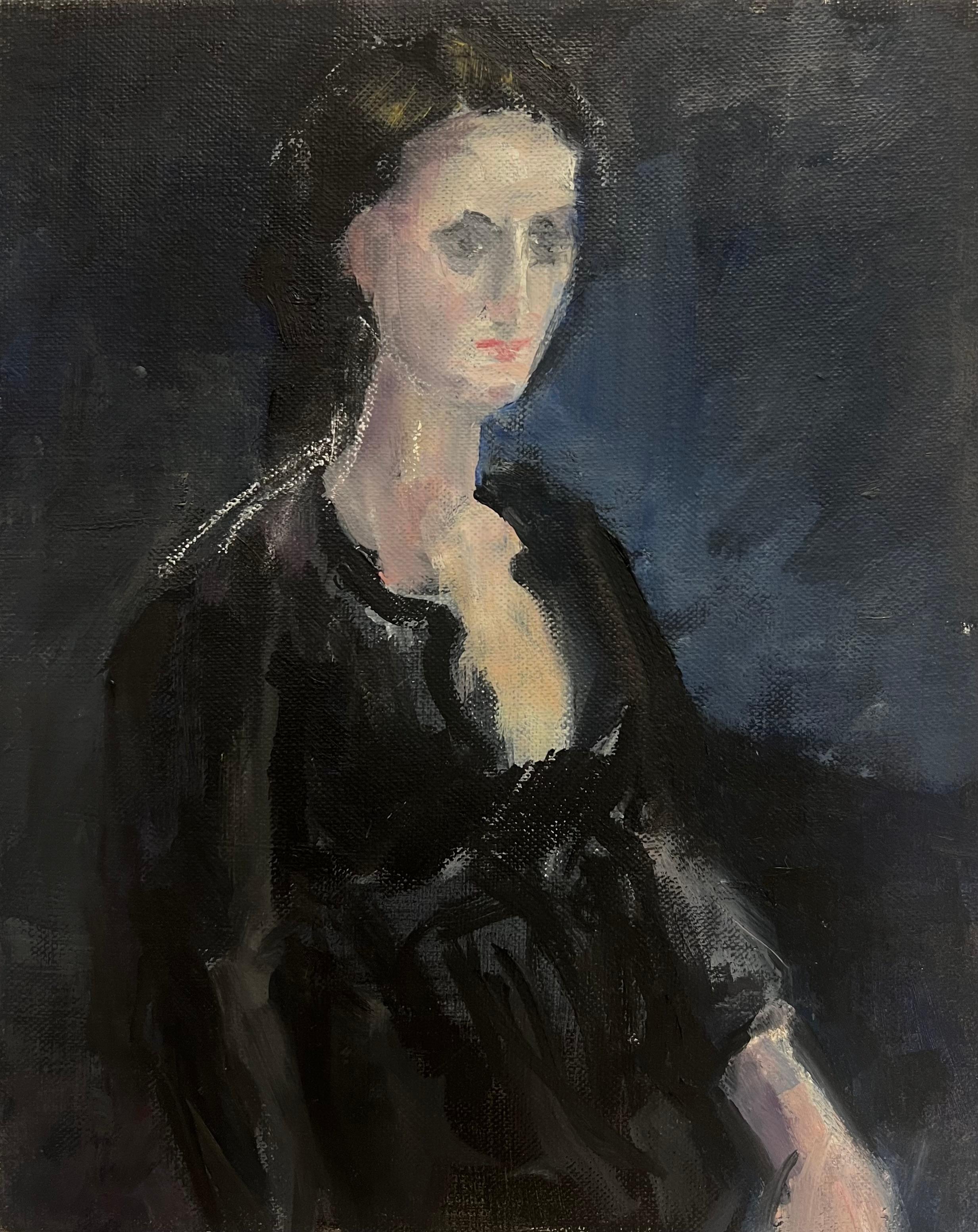 20th Cent French Modernist Oil Painting Captivating Portrait Woman Black Dress