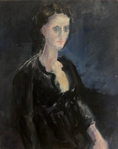 20th Cent French Modernist Oil Painting Captivating Portrait Woman Black Dress
