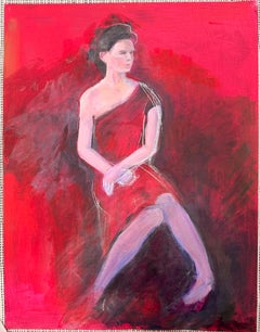 20th Century French Modernist Oil Painting Chic Lady In Pink Dress Interior