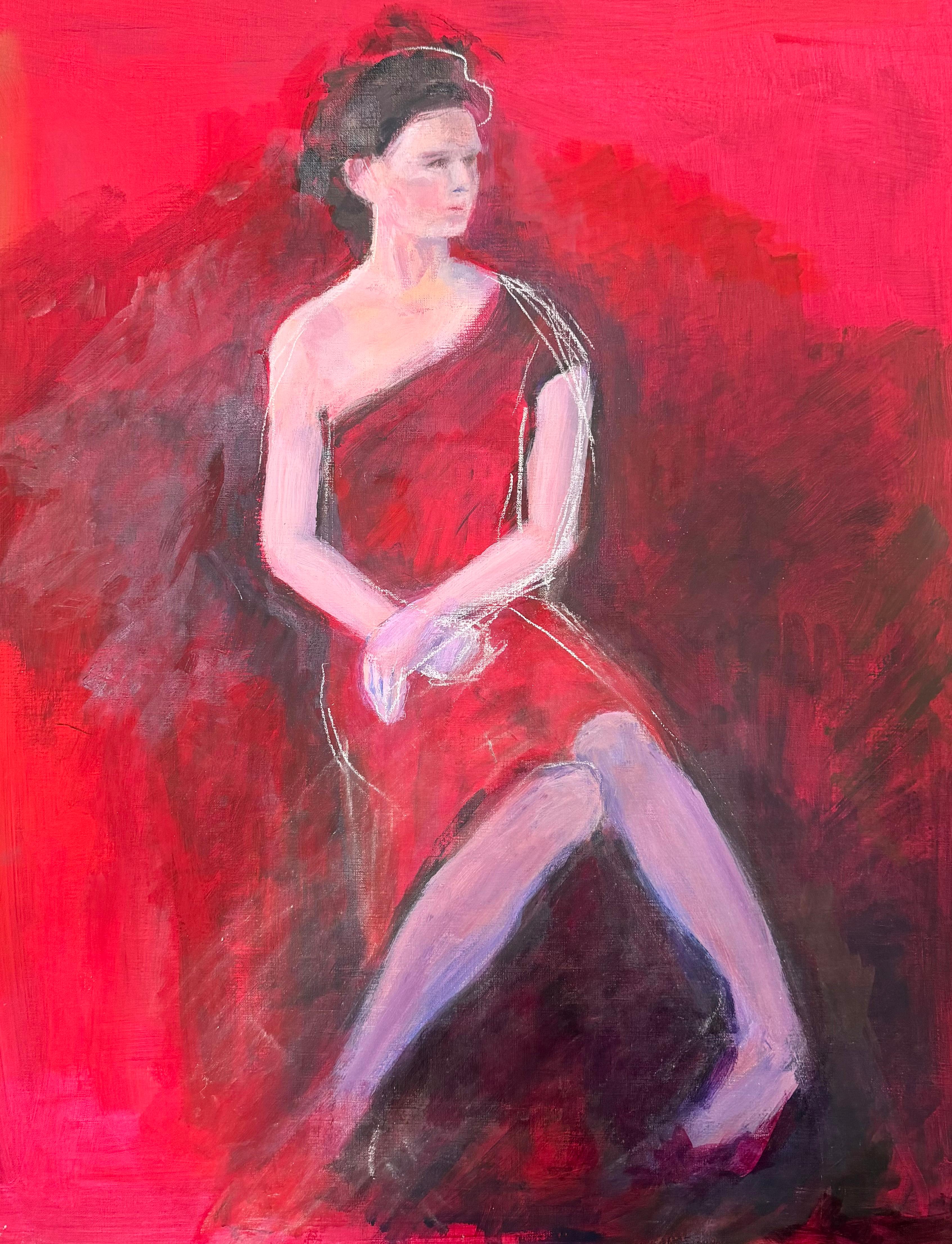 Peinture à l
huile moderniste française du 20e siècle Chic Lady Pink Interior