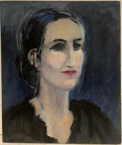 20th Century French Modernist Oil Painting Head Portrait Dark Haired Woman