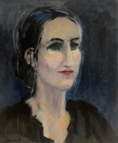 Peinture à l
huile moderniste française du 20e siècle Portrait de tête Femme aux cheveux noirs