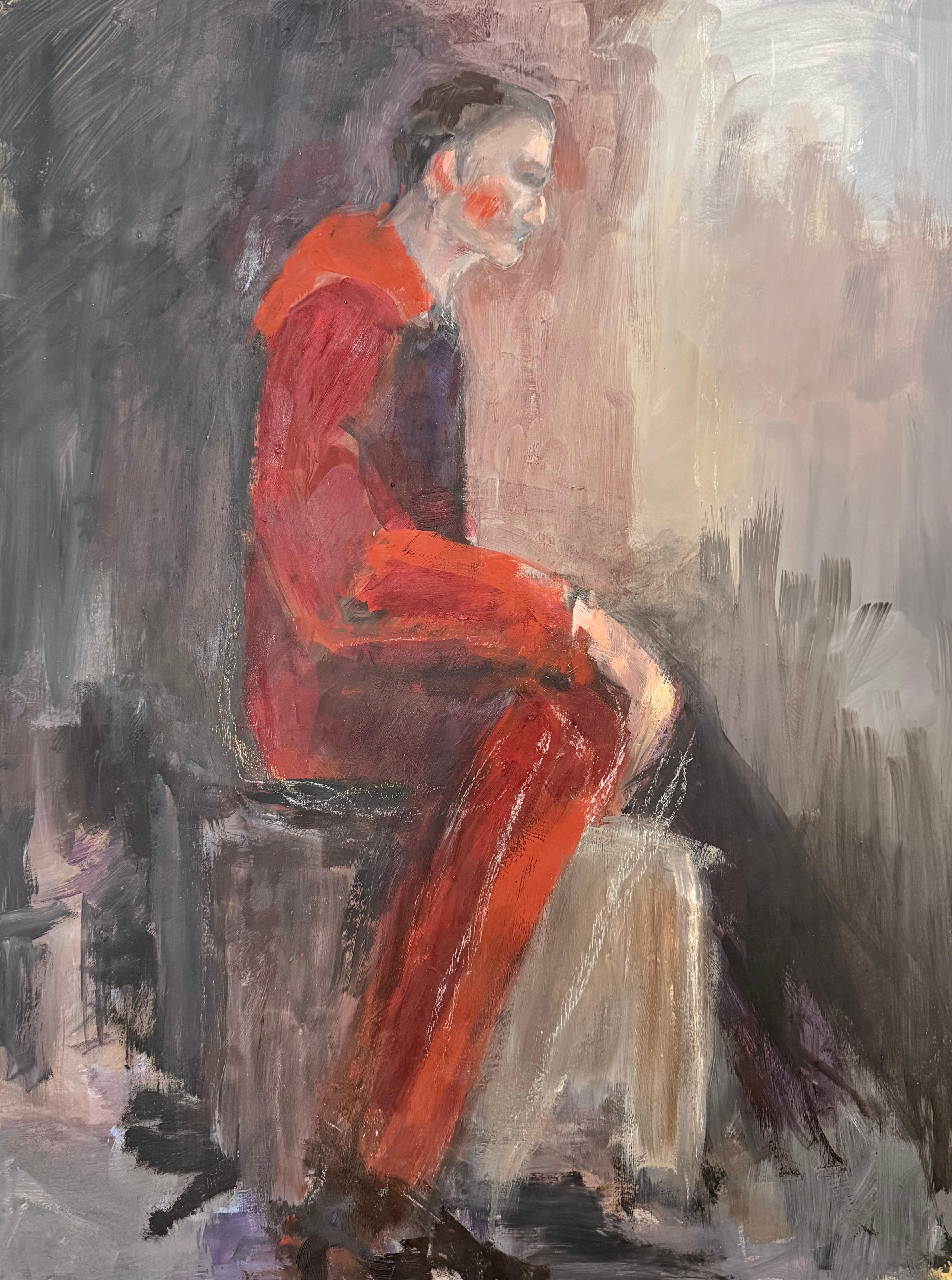 Portrait Painting Jacqueline Boisselot - Peinture à l
huile moderniste française du 20e siècle Homme habillé tout en rouge, profil de côté