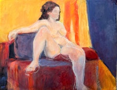 20. Jahrhundert Französisch Modernist Ölgemälde Nude Female Study In Yellow Interior