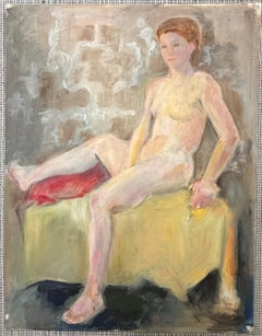 Pintura al óleo modernista francesa del siglo XX Dama desnuda posando en un puesto amarillo