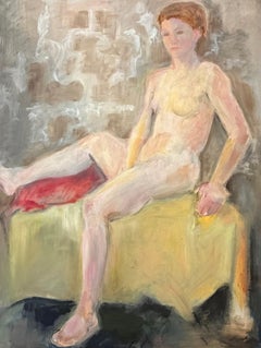 20. Jahrhundert Französisch Modernist Ölgemälde Nude Lady Posed on Yellow Stall