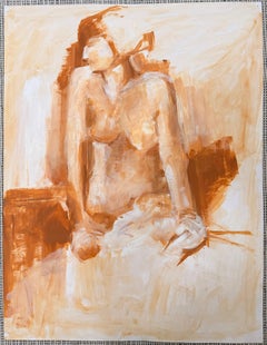 Pittura ad olio modernista francese del XX secolo Nudo femminile arancione in posa su una stalla