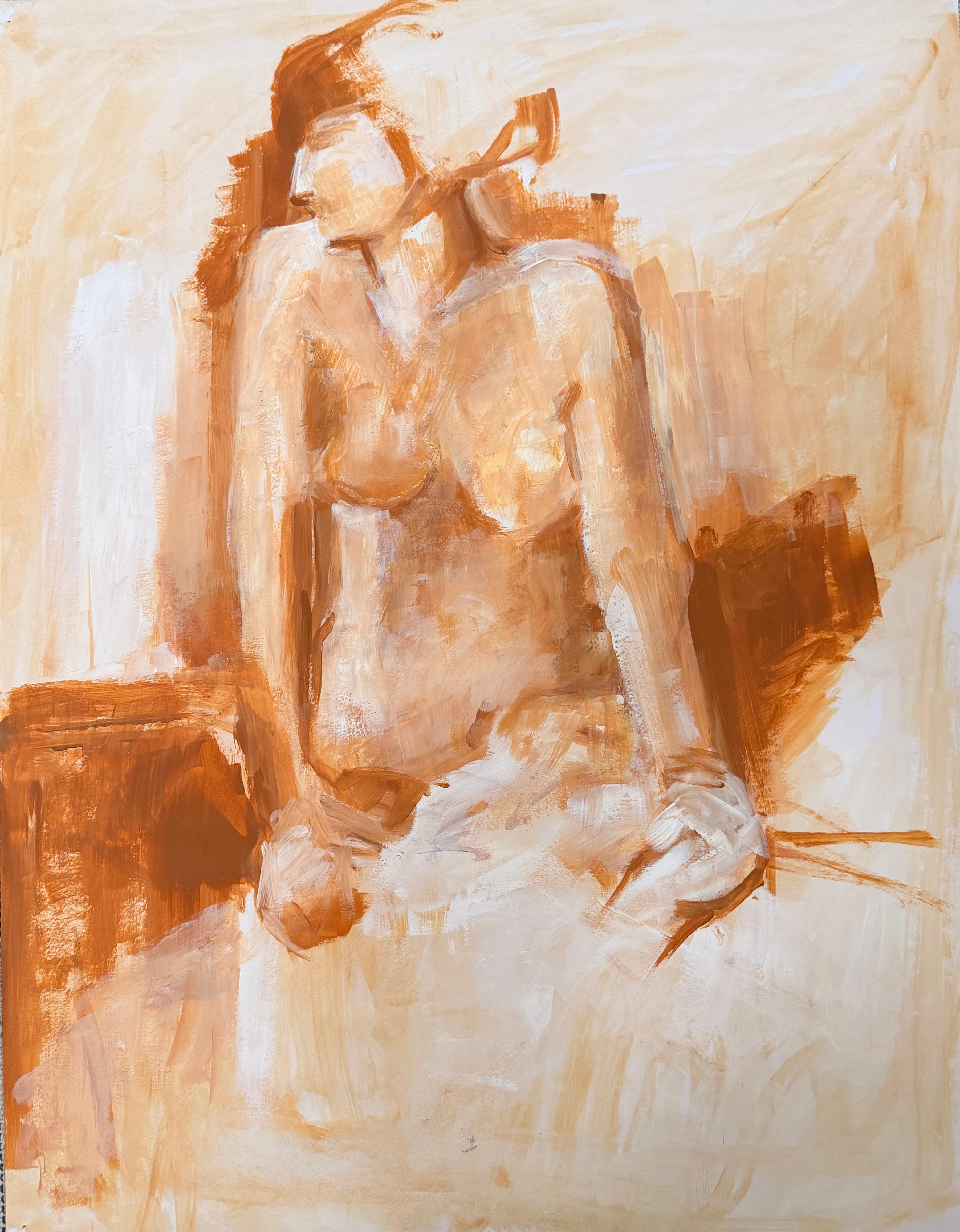 20. Jahrhundert Französisch Modernist Ölgemälde Nude Orange Weiblich Posed auf Stall