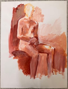 20th Century French Modernist Oil Painting Nude Orange Figure Posed on Stall