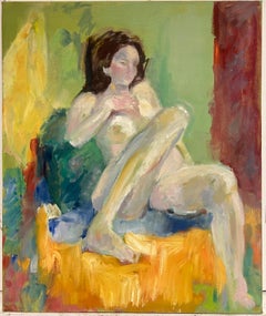 20th Century French Modernist Oil Painting Nude Woman in Thoughtful Pose