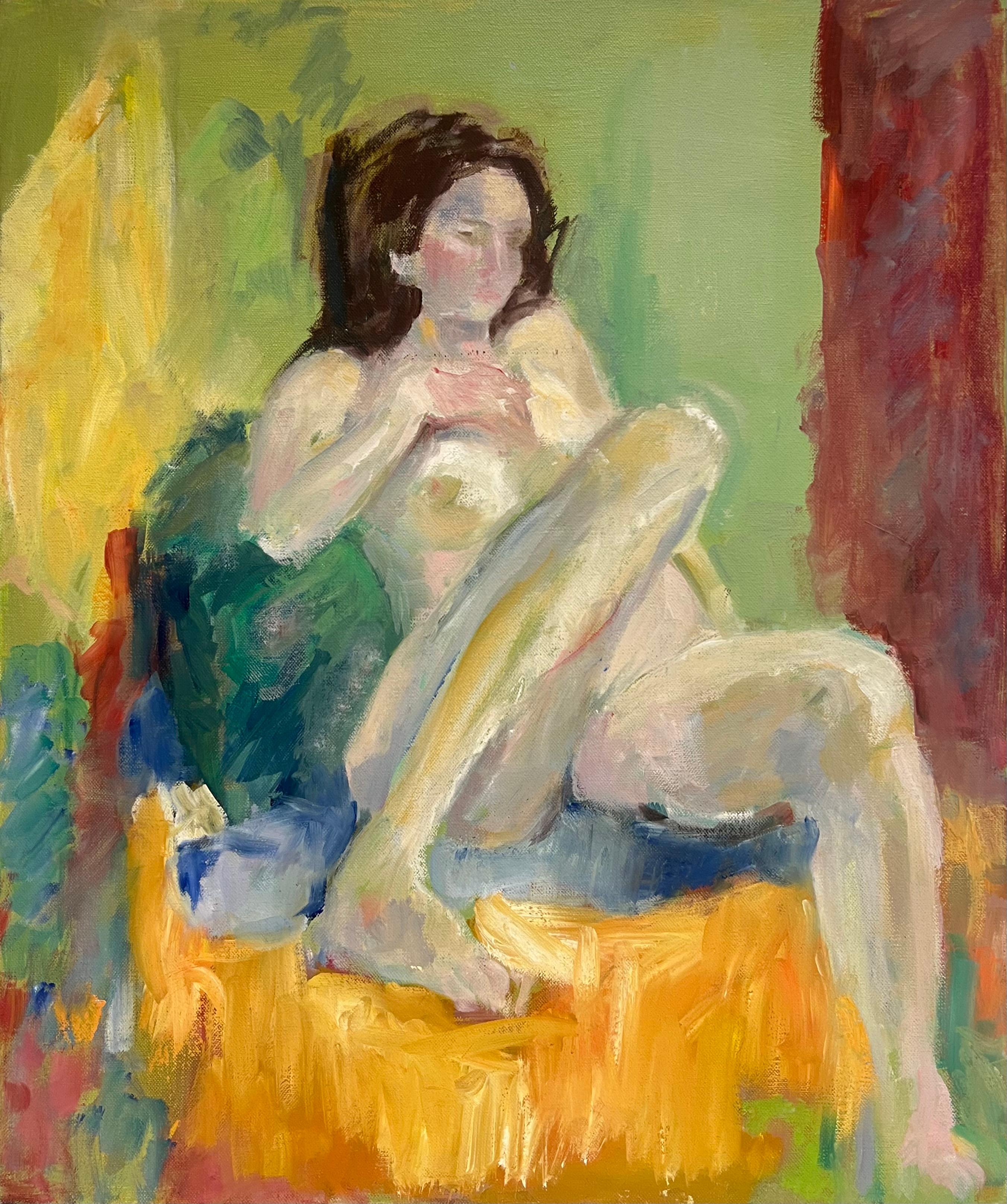 20th Century French Modernist Oil Painting Nude Woman in Thoughtful Pose