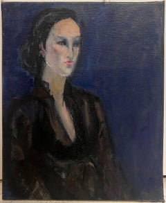 Peinture à l'huile moderniste française du 20e siècle Portrait d'une femme pensive