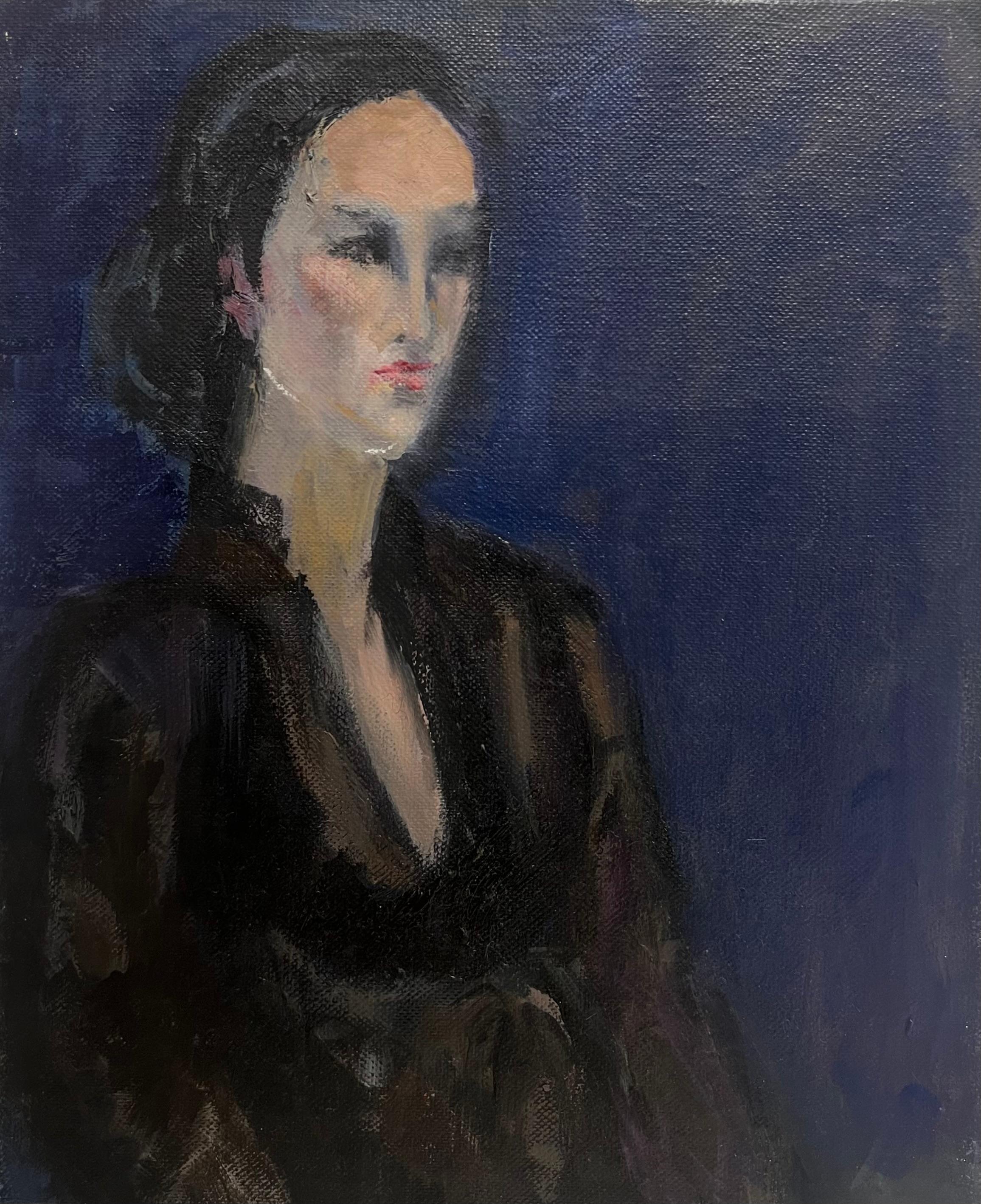 Peinture à l
huile moderniste française du 20e siècle Portrait d
une femme pensive