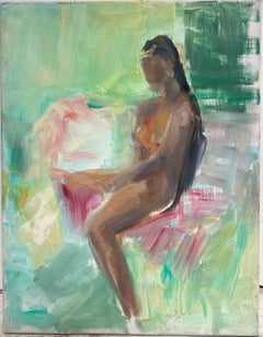 20th Century French Modernist Oil Painting Seated Nude Female Green Interior