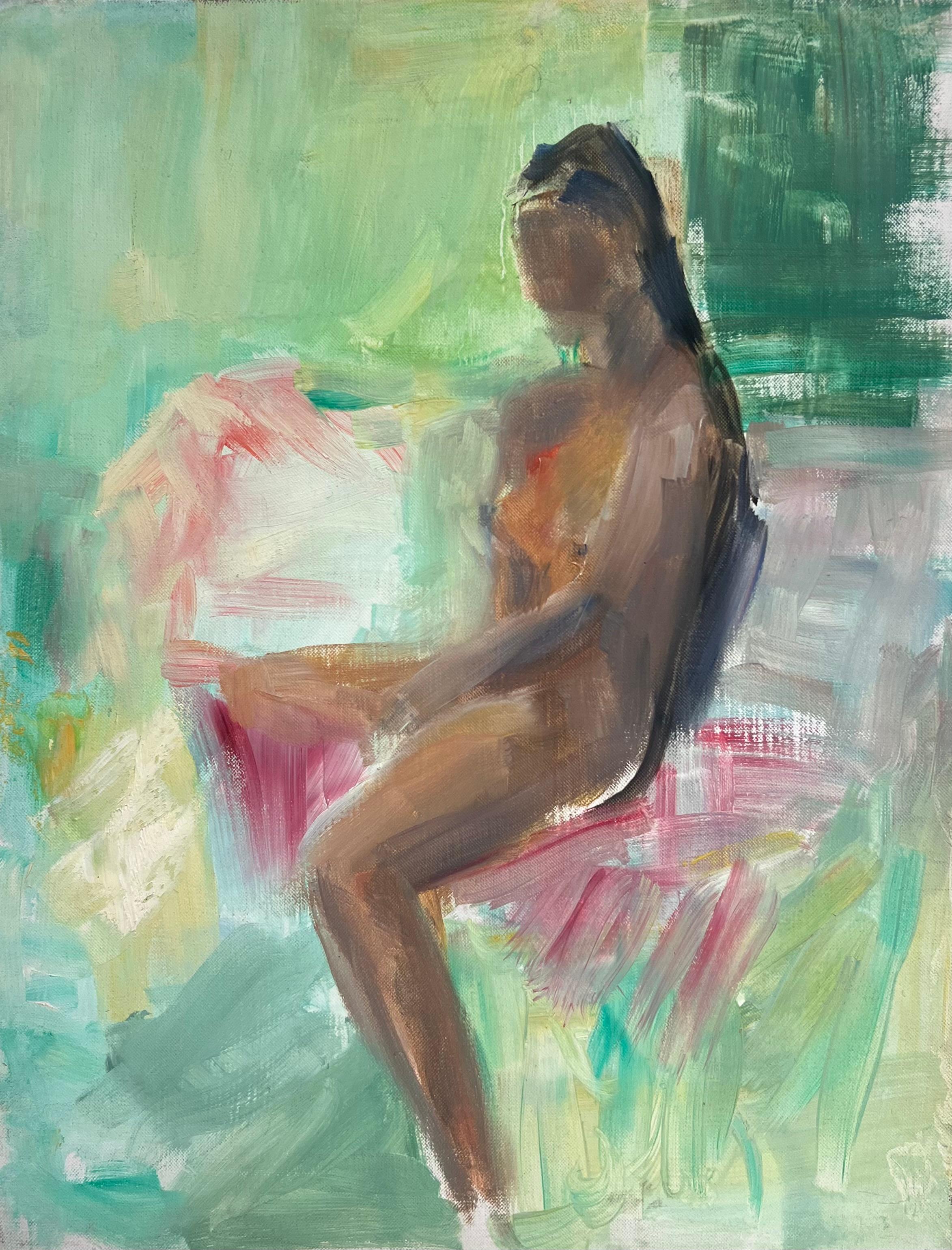 Pintura al Óleo Modernista Francesa del Siglo XX Desnudo Femenino Sentado Interior Verde