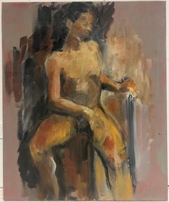20th Century French Modernist Oil Painting Seated Nude Figures on Chair