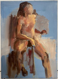 20th Century French Modernist Oil Painting Seated Nude Woman on Chair