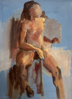 20th Century French Modernist Oil Painting Seated Nude Woman on Chair