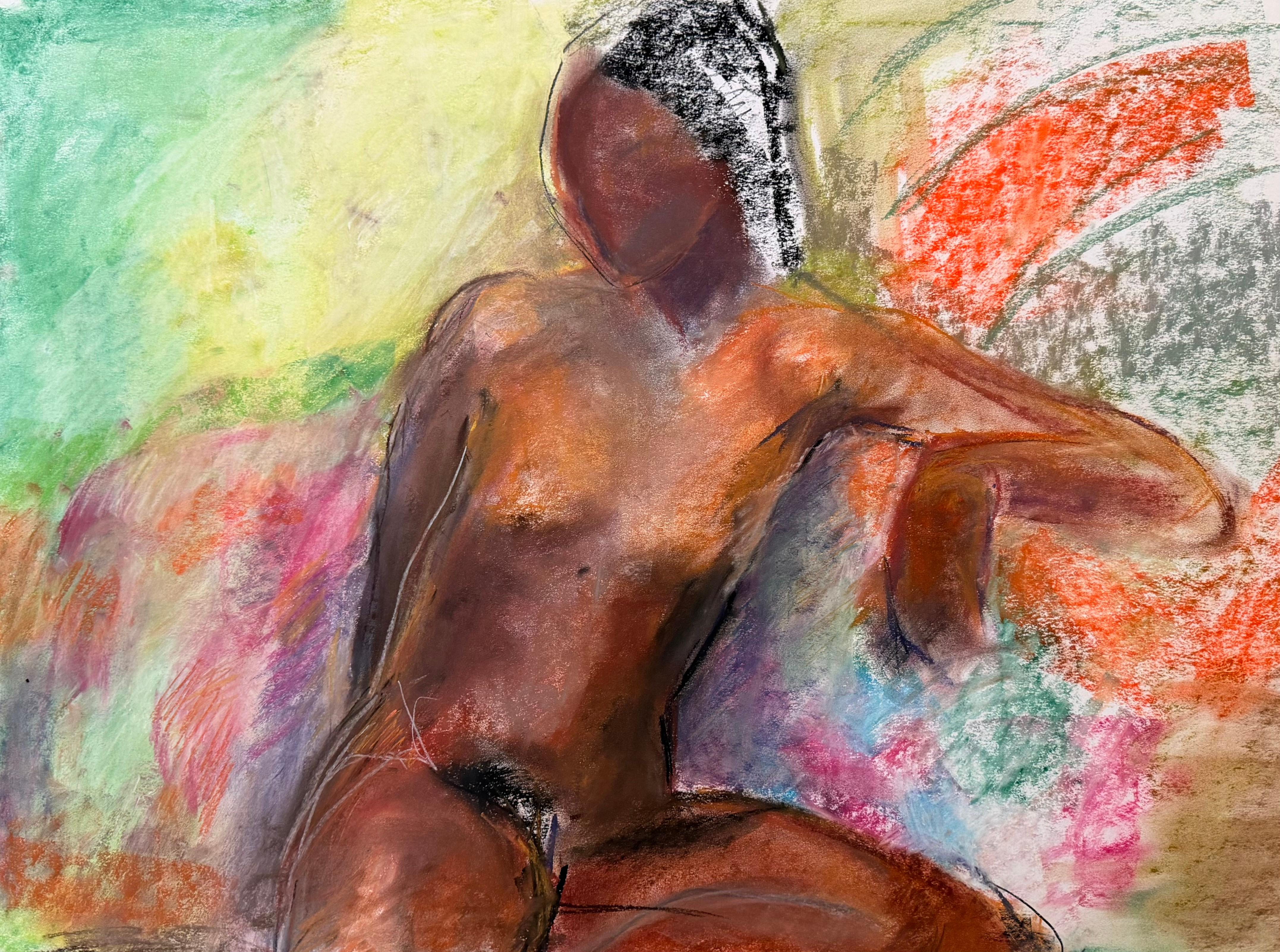 20th Century French Modernist Pastel Painting Black Nude Female Study