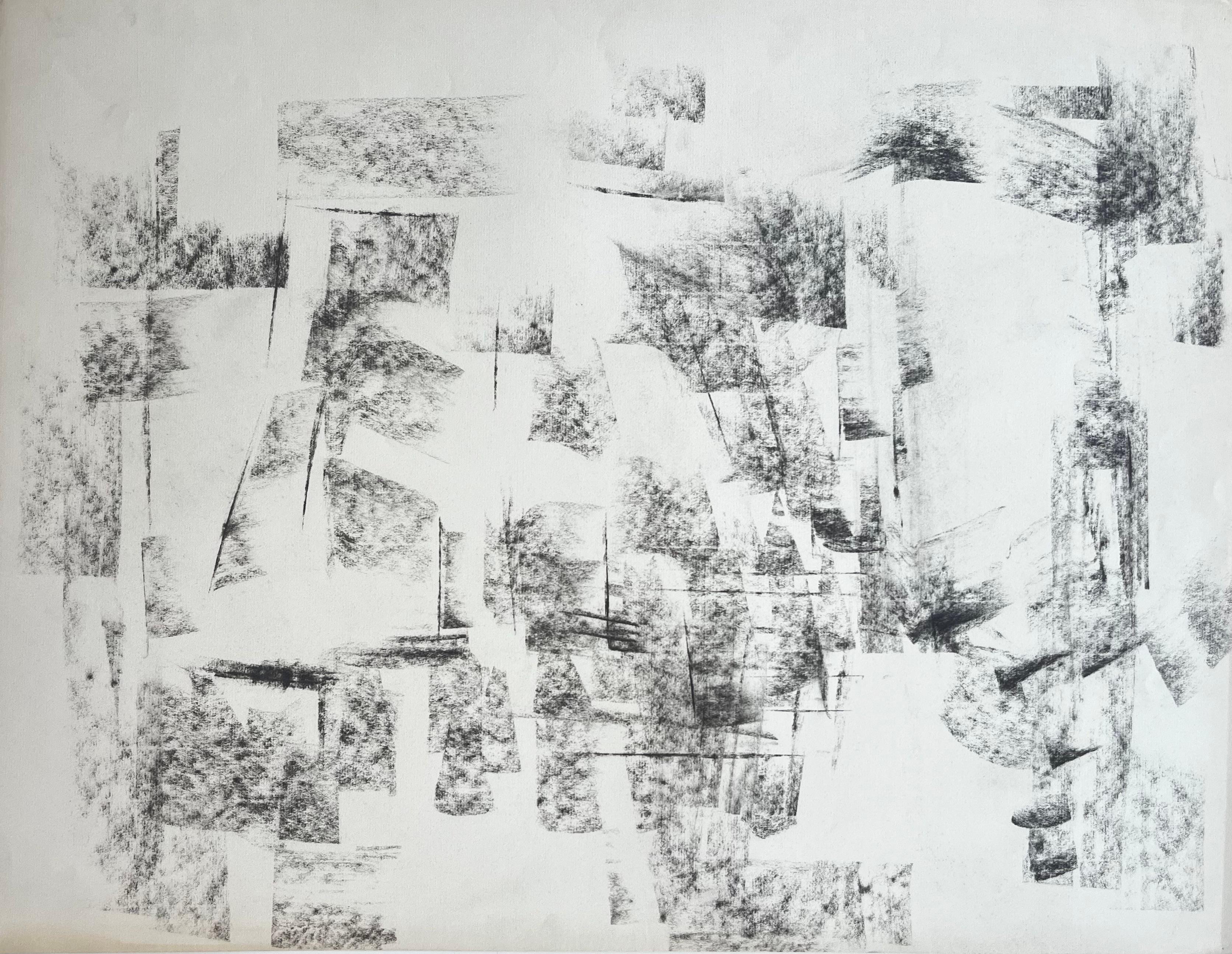 Jacqueline Boisselot Abstract Painting - Abstract Architectural Forms French Modernist Charcoal Drawing