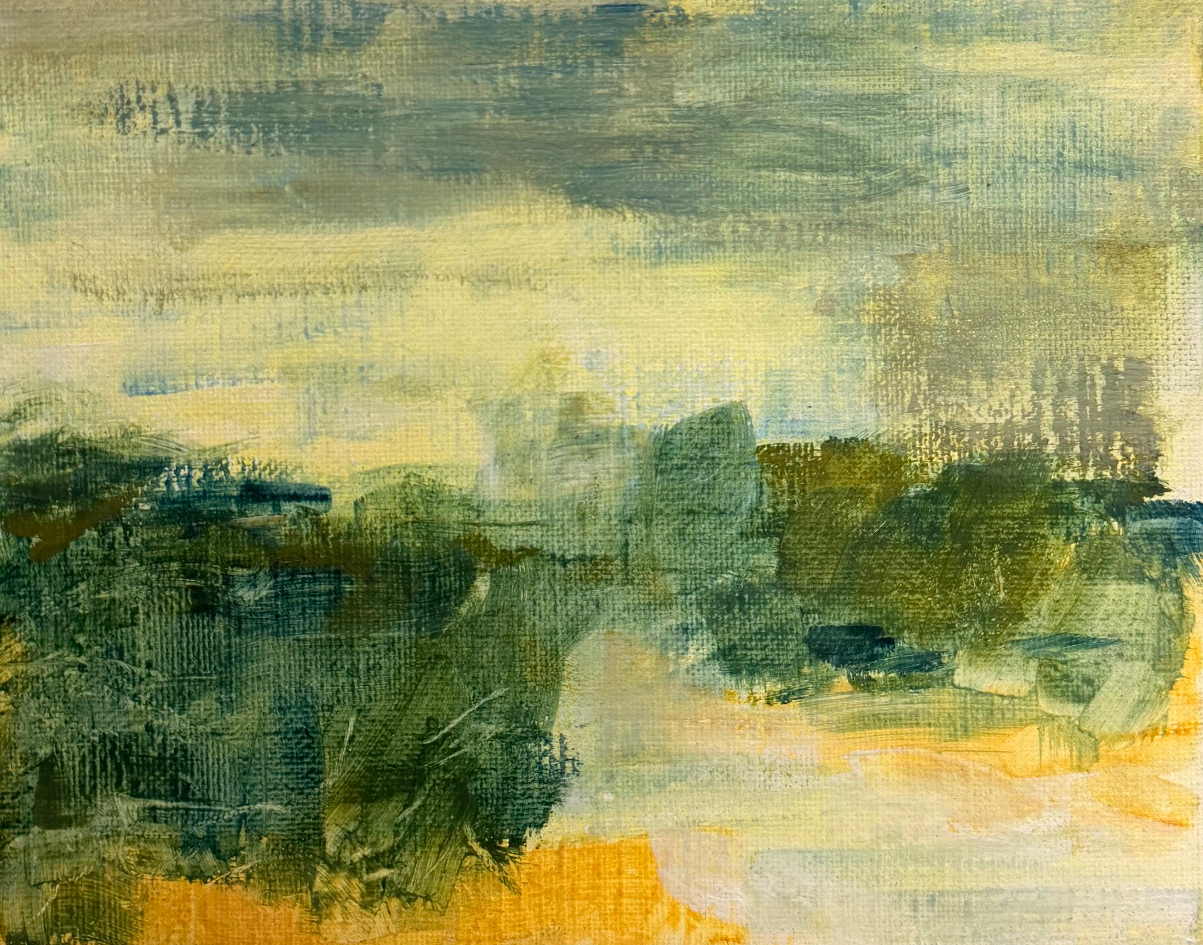 Pittura astratta del lago verde e nuvoloso Paesaggio modernista francese