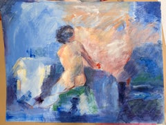 Back Facing Nude Female In Blue Interior French Modernist Oil Painting