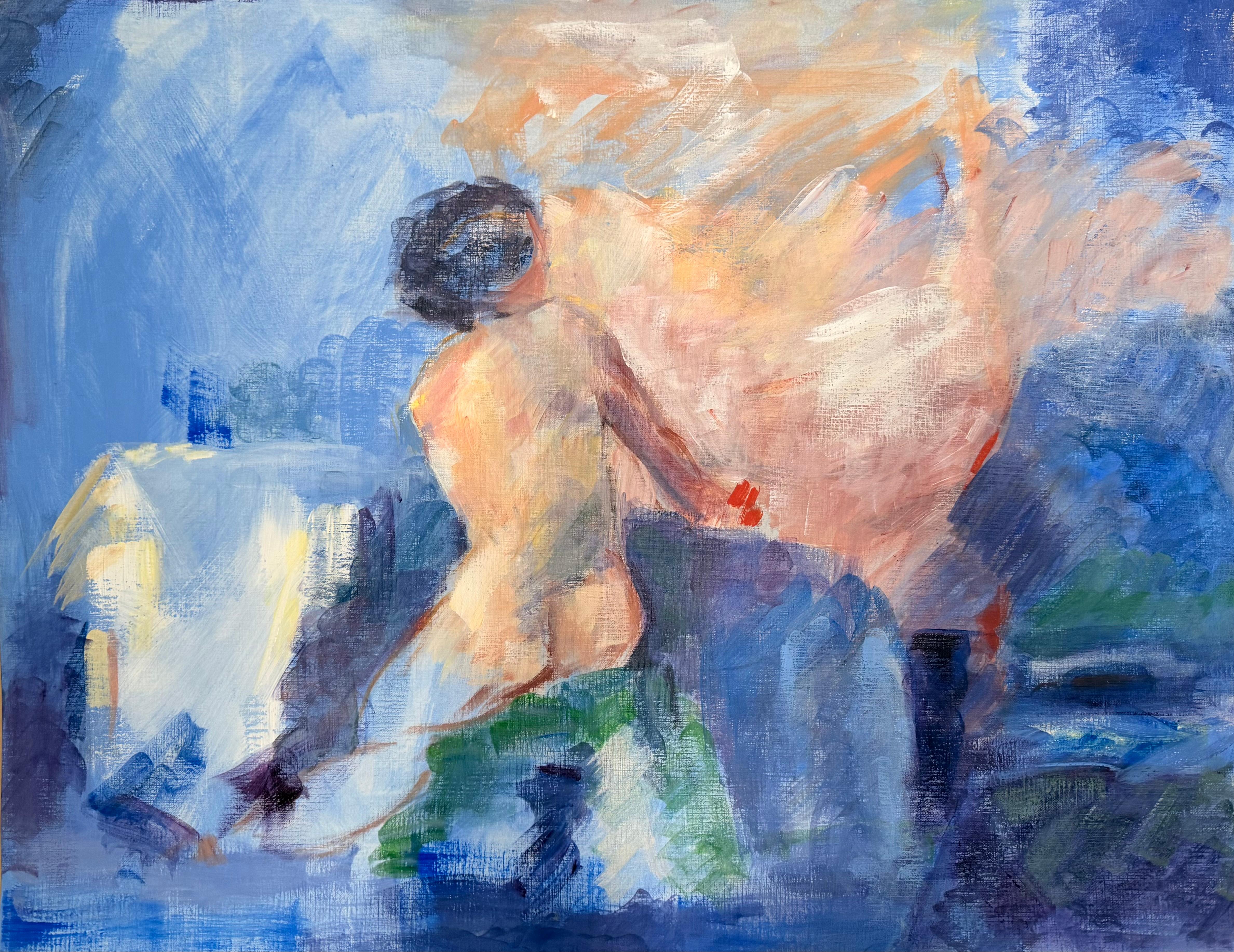 Back Facing Nude Female In Blue Interior French Modernist Oil Painting