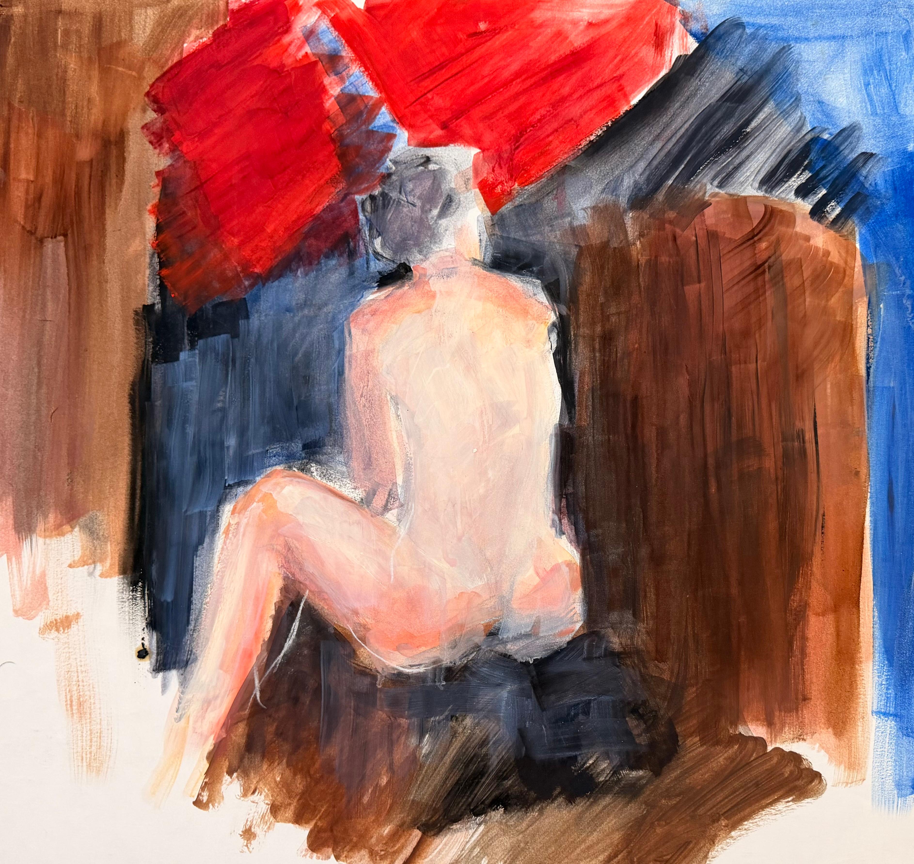 Back Facing Nude Female In Bold Colour Interior French Modernist Oil Painting