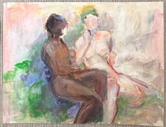 Black and White Nude Figures In Bright Interior French Modernist Oil Painting