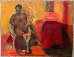 Black Nude Figure Posed In Red and Orange Interior French Modernist Oil Painting