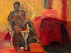 Vintage Black Nude Figure Posed In Red and Orange Interior French Modernist Oil Painting