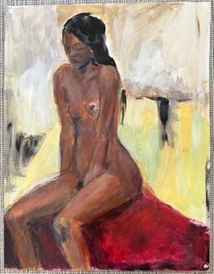 Peinture à l'huile moderniste française du 20e siècle, femme noire posant seins nus