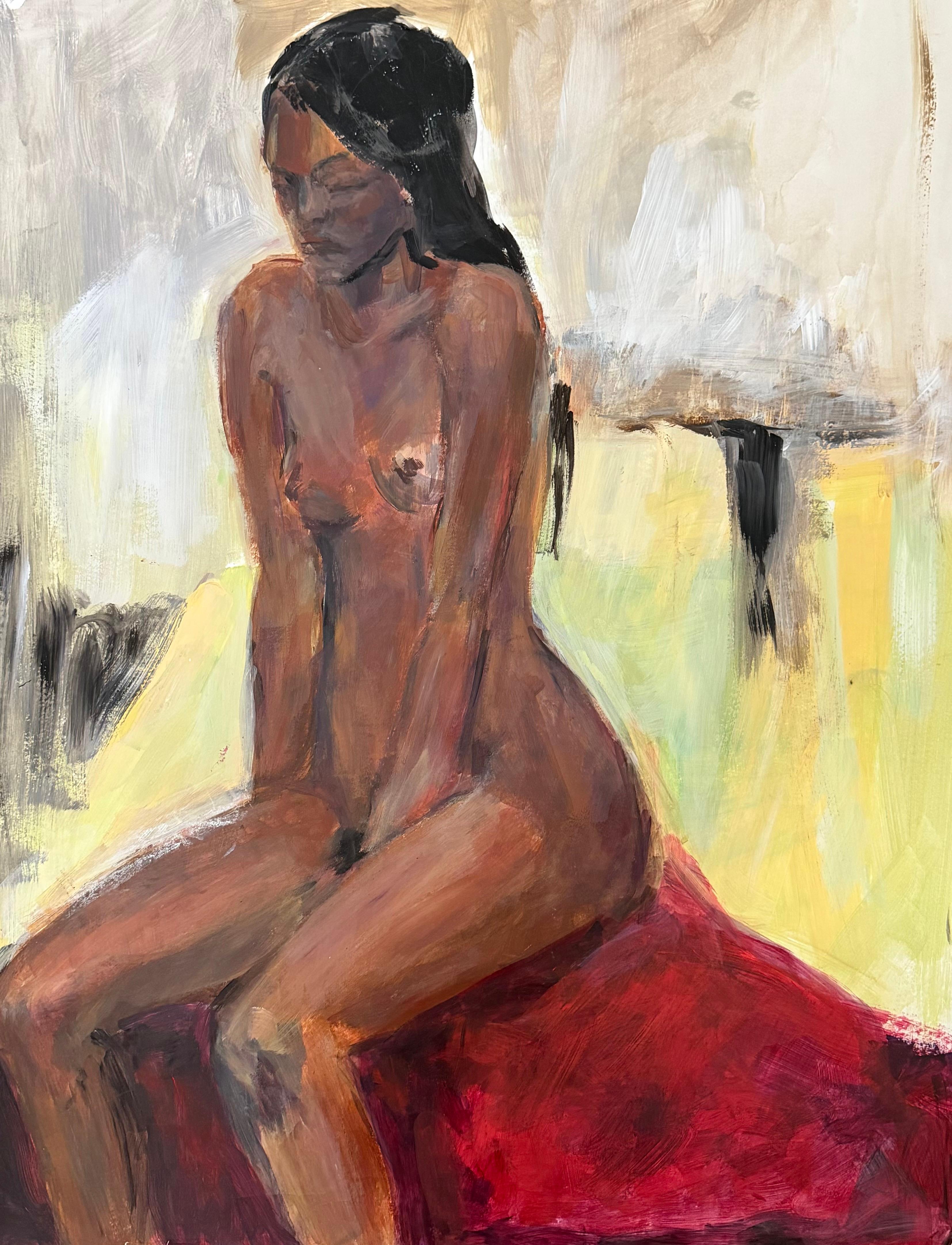 Pittura ad olio modernista francese del XX secolo con donna nera in posa in topless