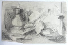 Nature morte représentant une bouteille et un morceau de papier plié — Dessin au graphite de l'art moderne français