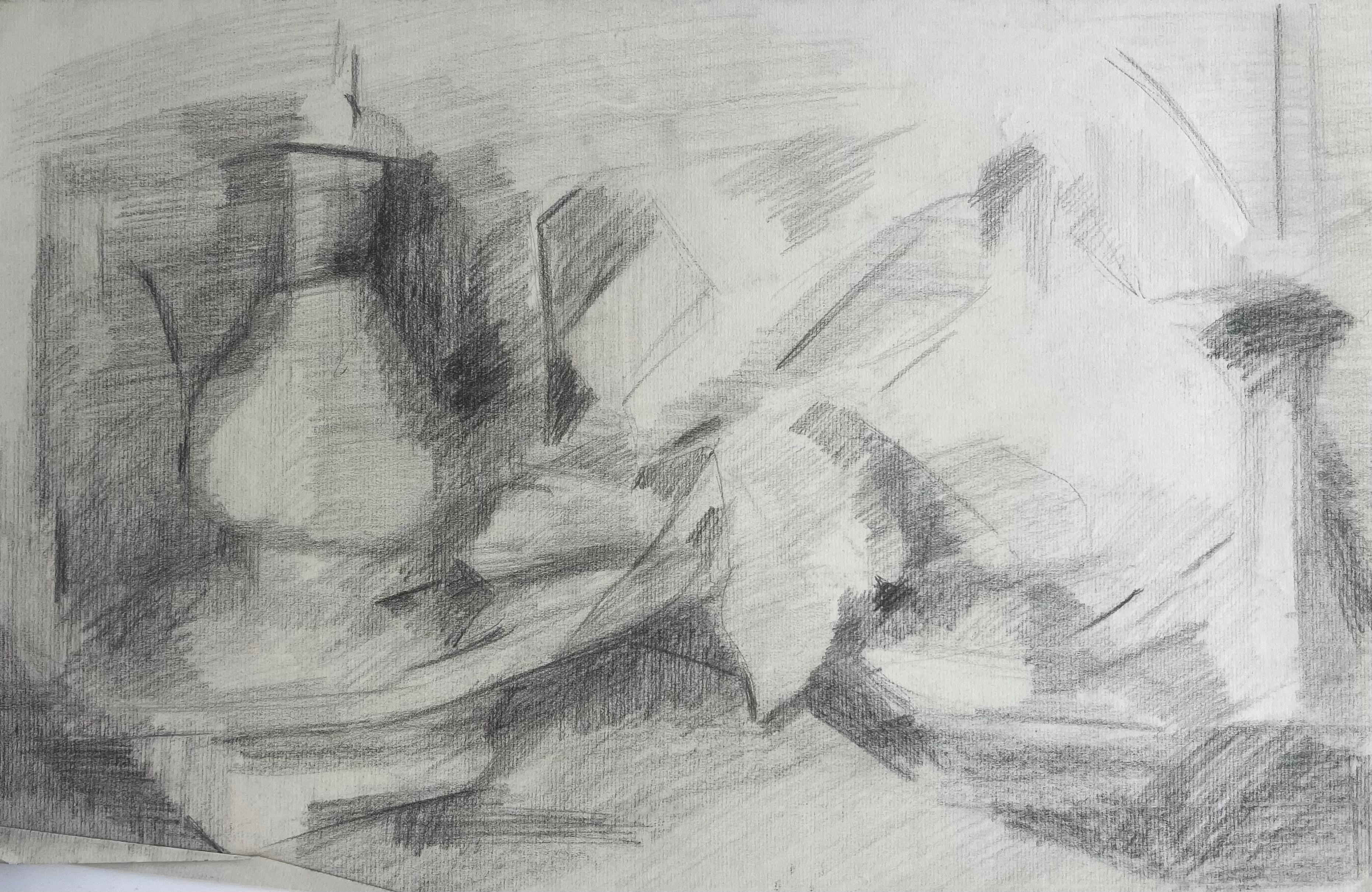 Jacqueline Boisselot Abstract Painting - Bottle and Folded Paper Still Life French Modernist Graphite Drawing