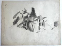 Nature morte au fusain représentant des bouteilles, des récipients et des draperies — Dessin moderniste français
