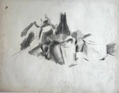 Charcoal Still Life with Bottles Vessels and Drapery French Modernist Drawing