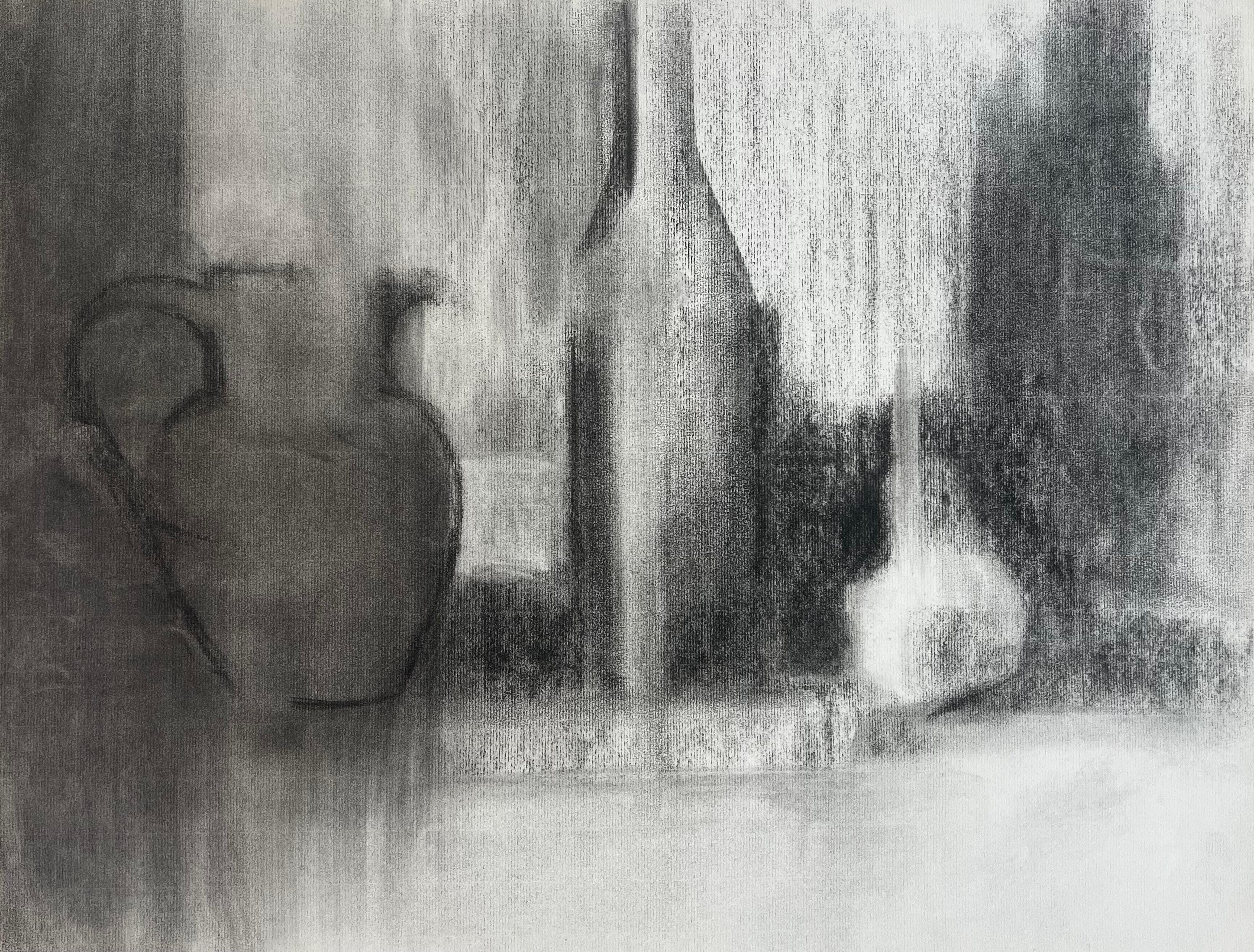Jacqueline Boisselot Still-Life - Charcoal Still Life with Jug Bottle and Fruit French Modernist Drawing
