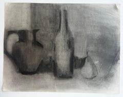 Charcoal Still Life with Jug Bottle and Pear French Modernist Drawing