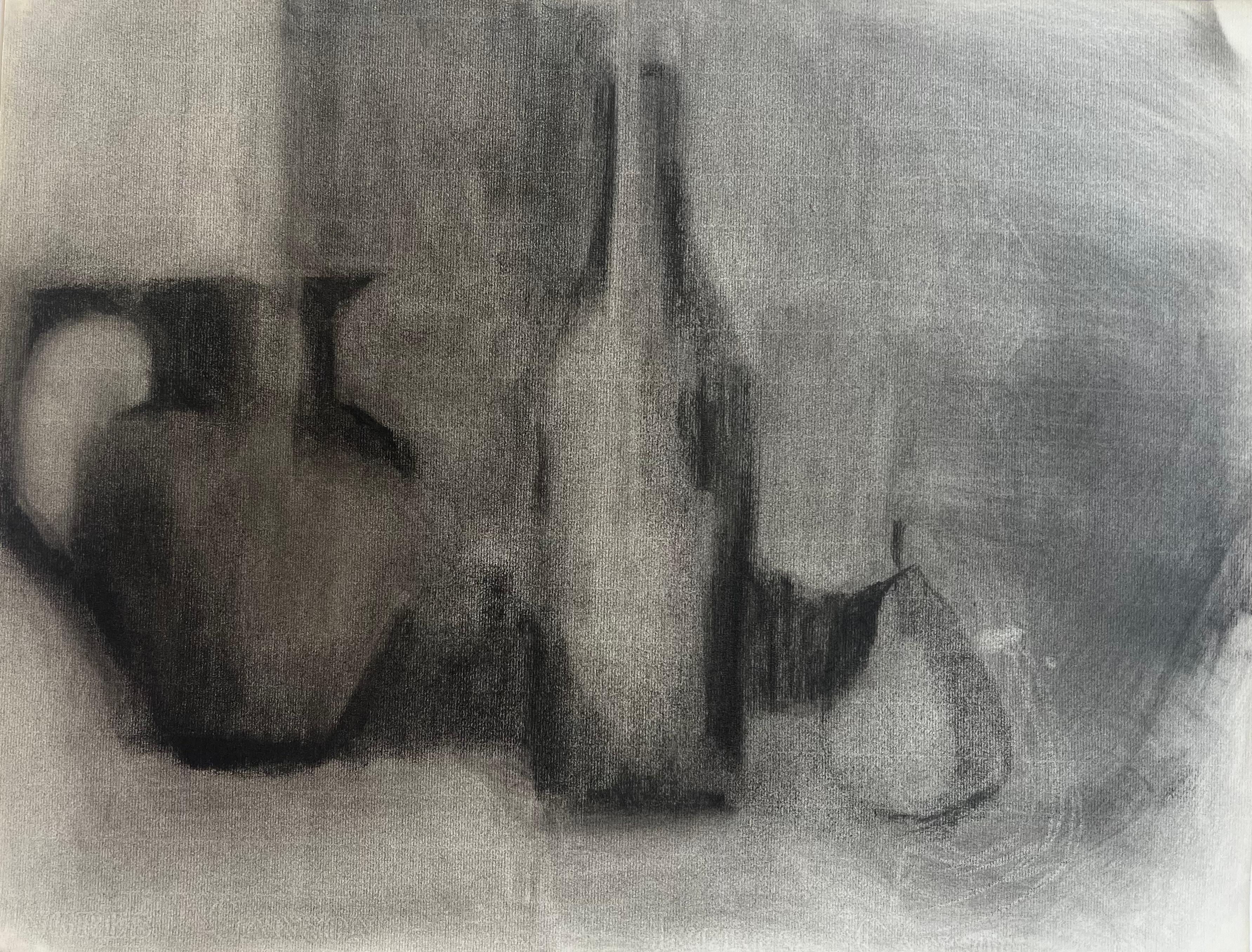 Charcoal Still Life with Jug Bottle and Pear French Modernist Drawing