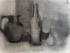 Charcoal Still Life with Jug Bottle and Pear French Modernist Drawing