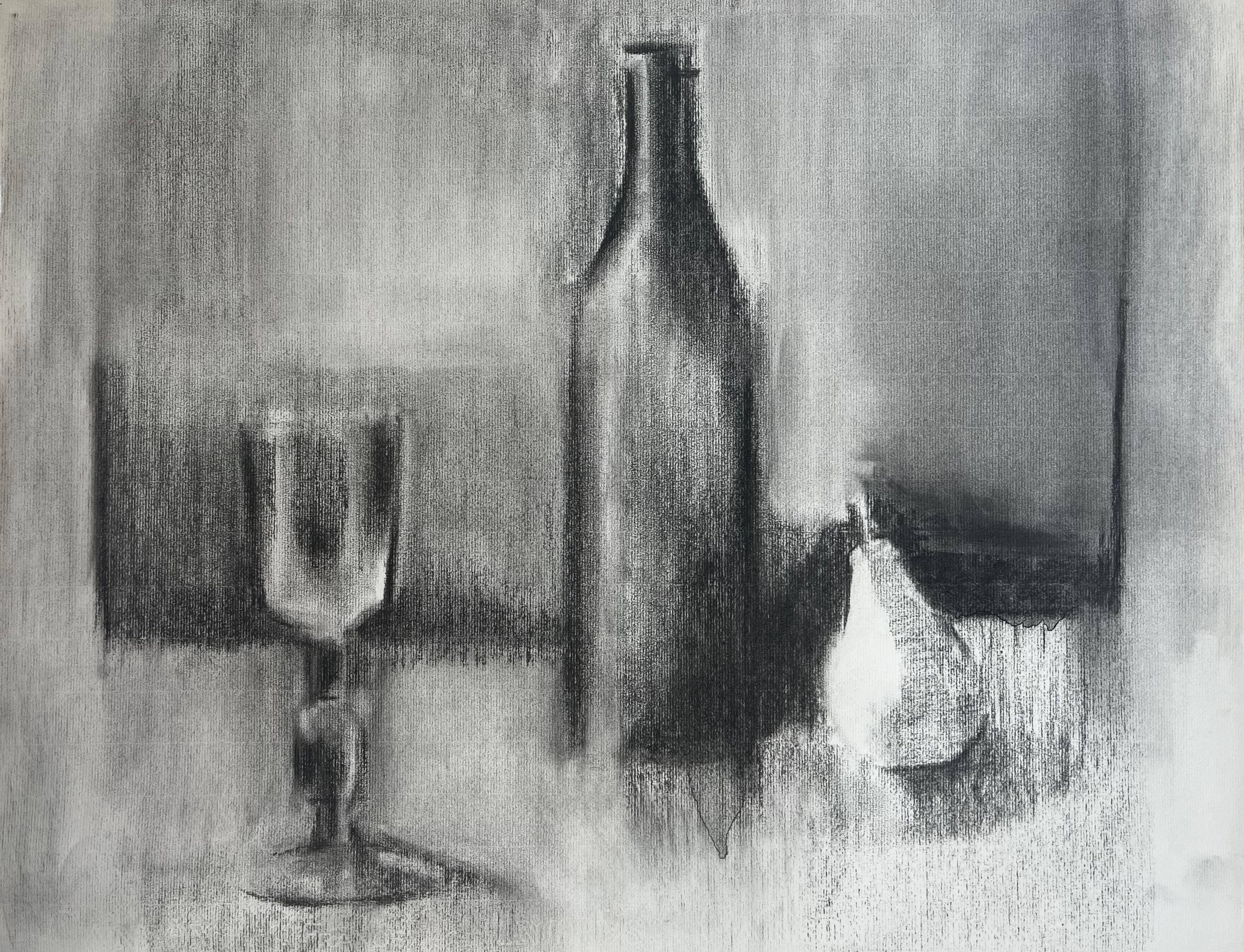 Jacqueline Boisselot Still-Life - Charcoal Still Life with Wine Glass Bottle and Pear French Modernist Drawing